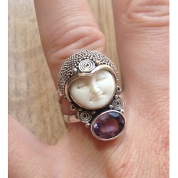 Zilveren ring met gezicht uit been en Amethist 17.3 mm
