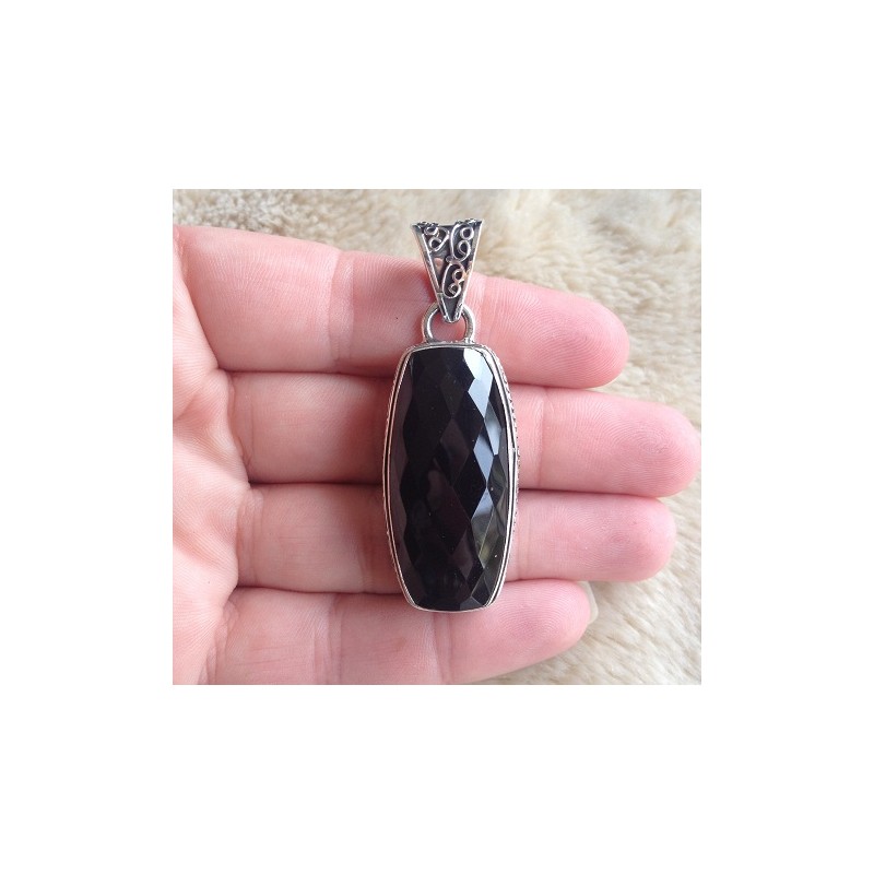 Zilveren hanger rechthoekige facet zwarte Onyx bewerkte setting