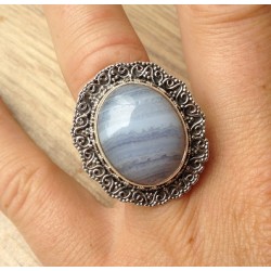 Zilveren ring met blauw Lace Agaat bewerkte kop en band 18 mm