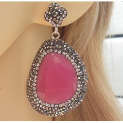 Zilveren oorbellen met roze Kattenoog en Swarovski kristallen