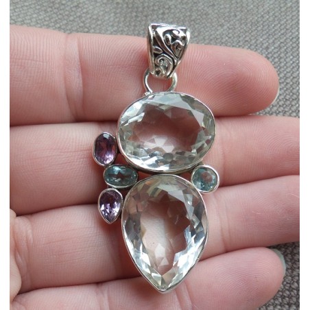 Zilveren hanger gezet met wit Topaas, Amethist en blauw Topaas