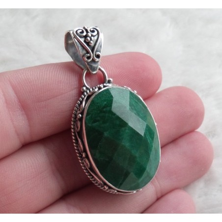 Zilveren hanger brede ovale Emerald gezet in bewerkte setting
