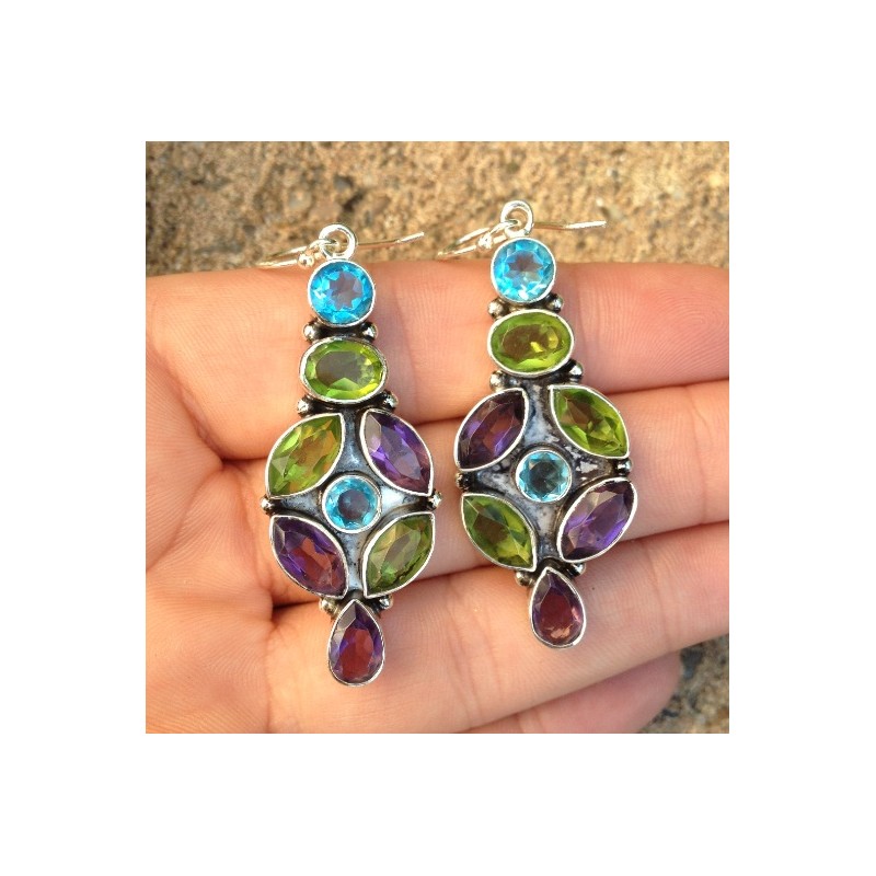 Zilveren oorbellen met Amethist, Peridot en blauw Topaas