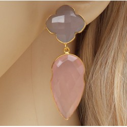 Vergulde oorbellen met grijze Chalcedoon en roze Chalcedoon