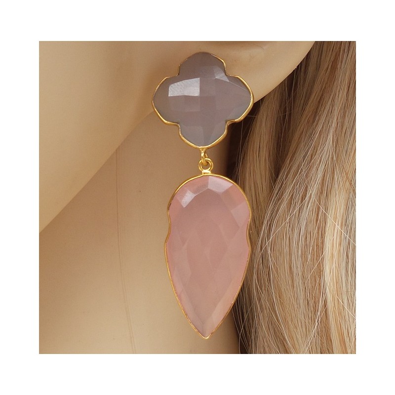 Vergulde oorbellen met grijze Chalcedoon en roze Chalcedoon