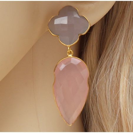 Vergulde oorbellen met grijze Chalcedoon en roze Chalcedoon