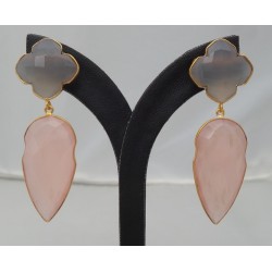 Vergulde oorbellen met grijze Chalcedoon en roze Chalcedoon