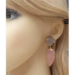 Vergulde oorbellen met grijze Chalcedoon en roze Chalcedoon