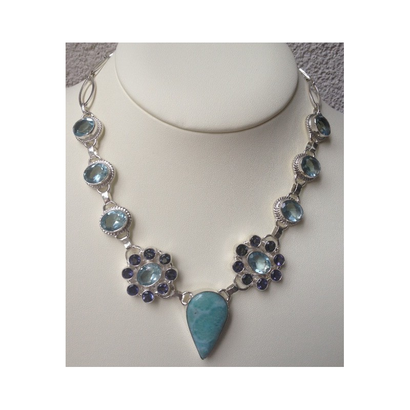 Zilveren ketting met Larimar, blauw Topaas en Ioliet kwarts
