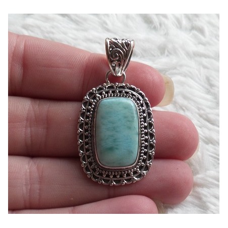 Zilveren hanger rechthoekige Larimar en bewerkte setting