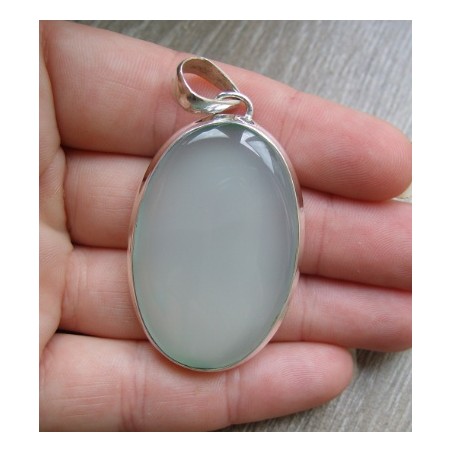 Zilveren hanger gezet met grote ovale aqua Chalcedoon