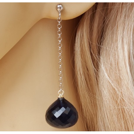 Zilveren lange oorbellen met grote Saffier blauwe quartz onion