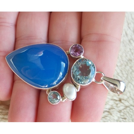 Zilveren hanger met Chalcedoon, Amethist en Topaas