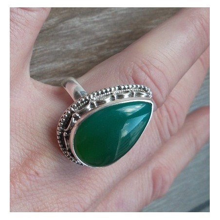 Zilveren ring gezet met druppelvorm groene Onyx maat 17.3 mm