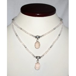 Zilveren dubbele ketting met Rozenkwarts en hanger
