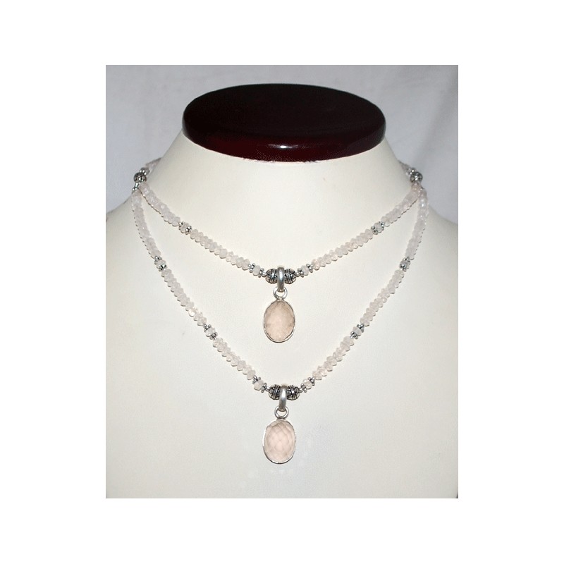 Zilveren dubbele ketting met Rozenkwarts en hanger