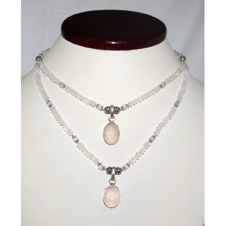 Zilveren dubbele ketting met Rozenkwarts en hanger