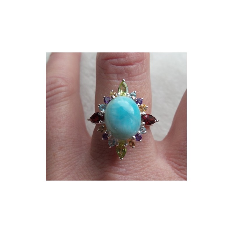 Zilveren ring gezet met Larimar en multi edelsteen 18 mm