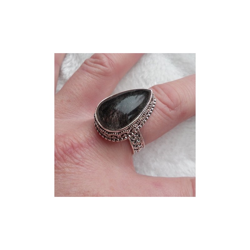 Zilveren ring met Toermalijnkwarts in bewerkte setting 19 mm