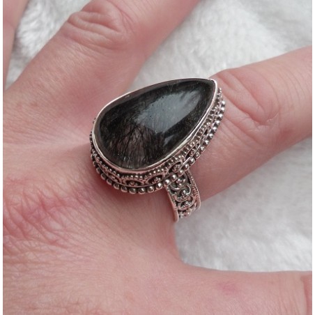 Zilveren ring met Toermalijnkwarts in bewerkte setting 19 mm