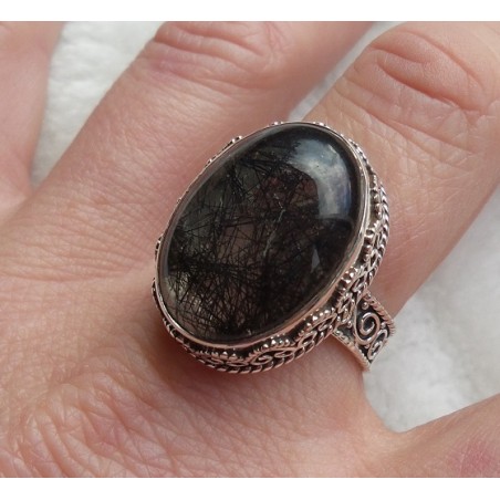 Zilveren ring met Toermalijnkwarts in bewerkte setting 19 mm