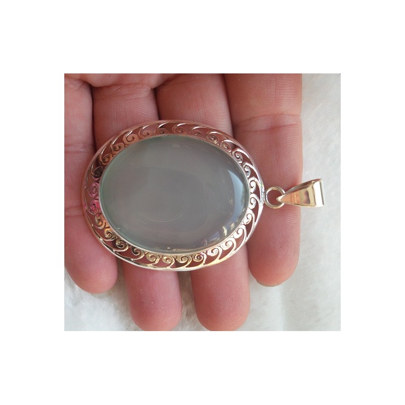 Zilveren hanger met aqua Chalcedoon in open bewerkte setting