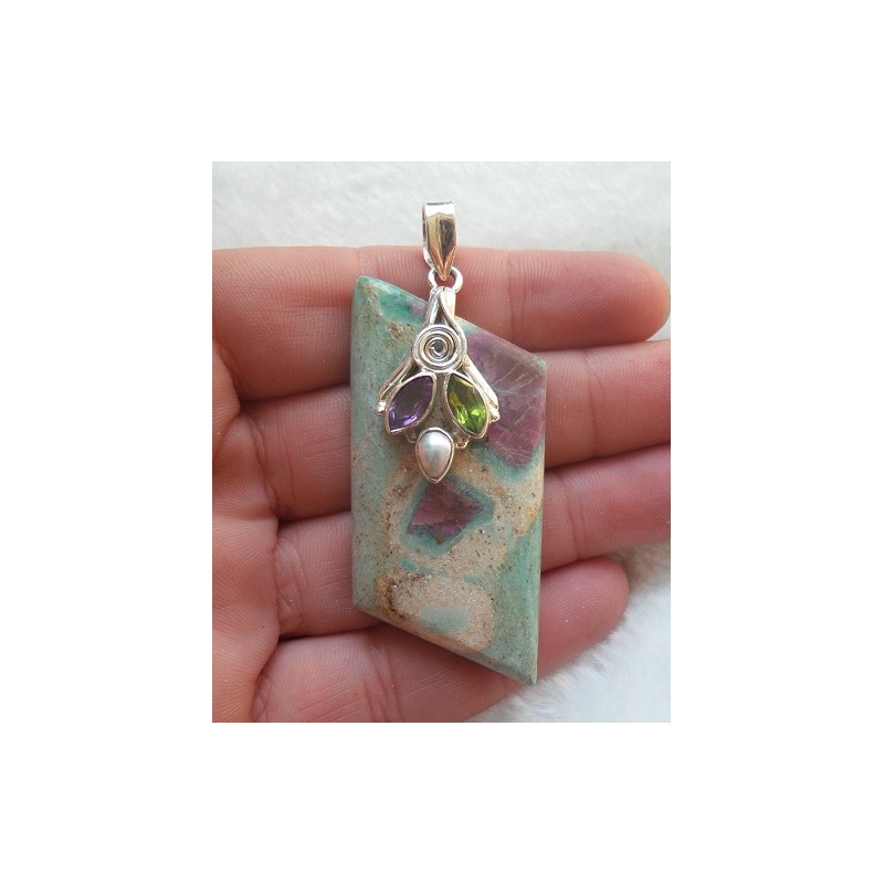 Zilveren hanger Robijn in Fuchsiet gezet met Peridot en Amethist