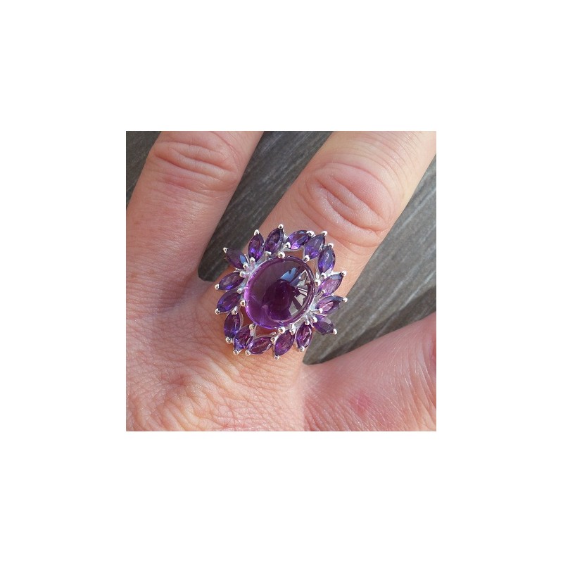 Zilveren ring gezet met facet Amethist en cabochon Amethist 19 m