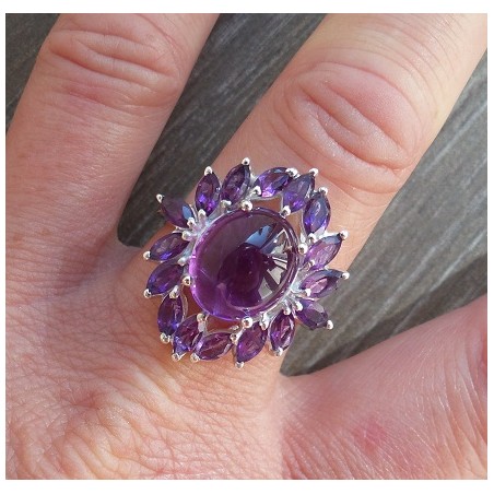 Zilveren ring gezet met facet Amethist en cabochon Amethist 19 m