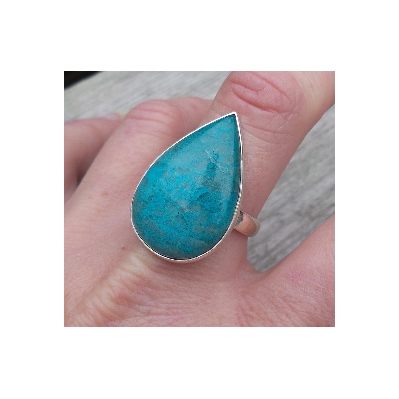 Zilveren ring gezet met druppelvorm Chrysocolla maat 19.7 mm