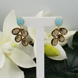 Vergulde oorbellen met aqua Chalcedoon en Smokey Topaas