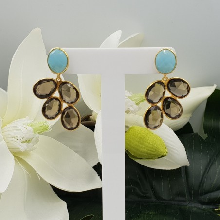 Vergulde oorbellen met aqua Chalcedoon en Smokey Topaas
