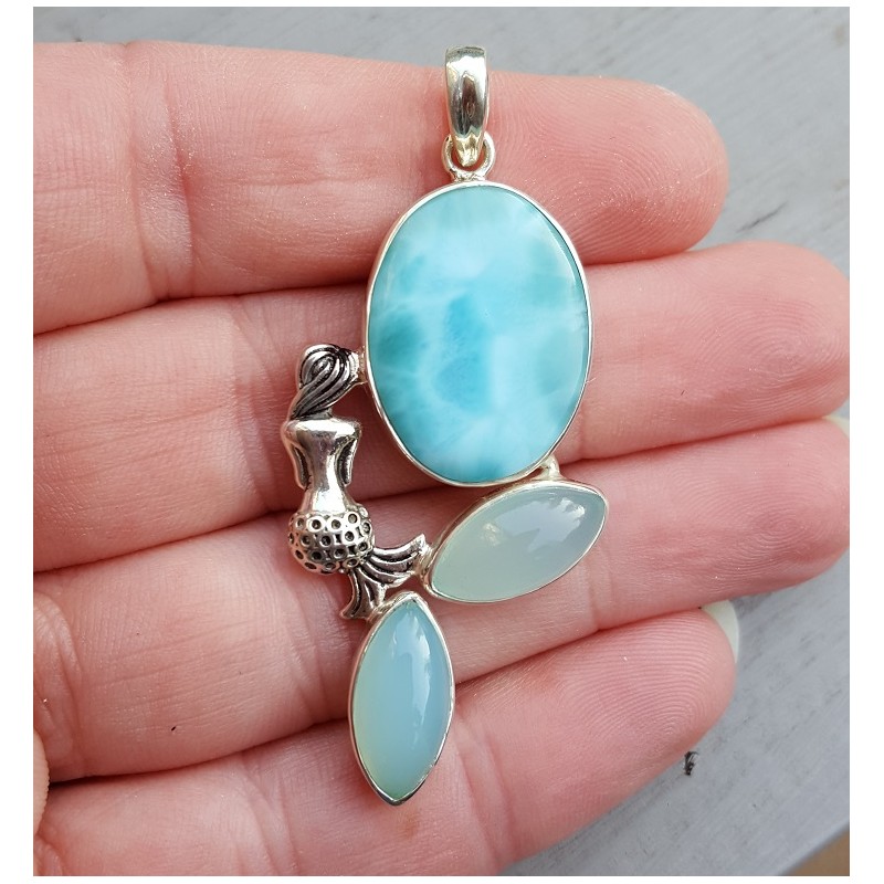 Zilveren hanger gezet met Larimar en aqua Chalcedoon