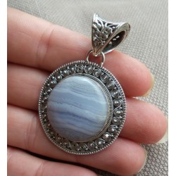 Zilveren hanger met ronde blauw Lace Agaat bewerkte setting