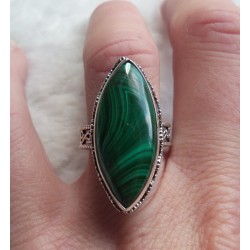Zilveren ring met marquise Malachiet in bewerkte setting 18 mm