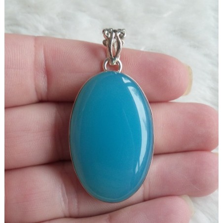 Zilveren hanger gezet met ovale blauwe Chalcedoon