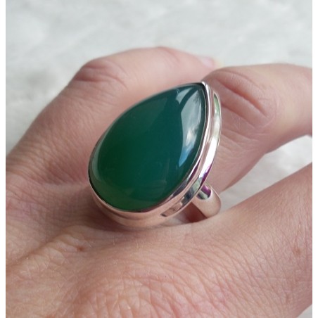 Zilveren ring gezet met druppelvorm groene Onyx maat 17.5 mm
