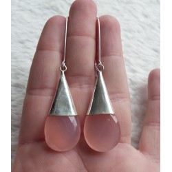 Zilveren oorbellen met grote facet druppelvorm roze Chalcedoon