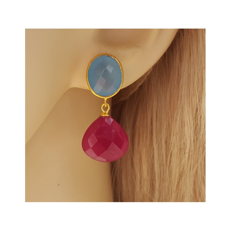 Vergulde oorbellen met blauw Chalcedoon en fuchsia roze Chalcedoon