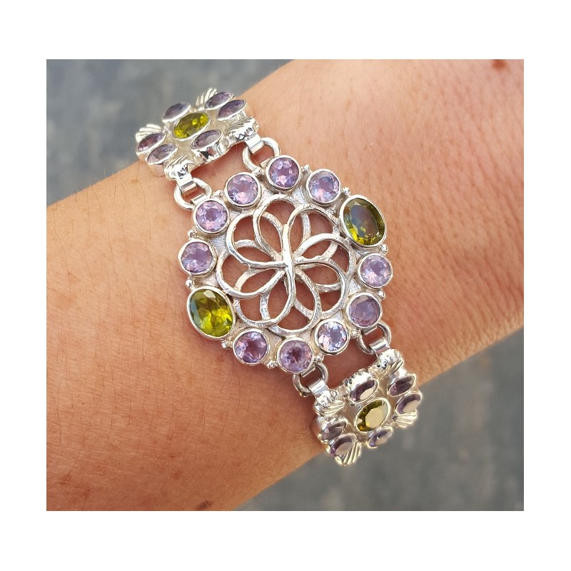 Zilveren armband gezet met facet geslepen Amethisten en Peridot