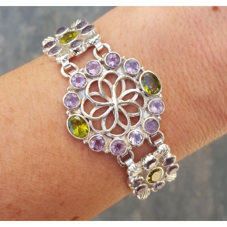 Zilveren armband gezet met facet geslepen Amethisten en Peridot