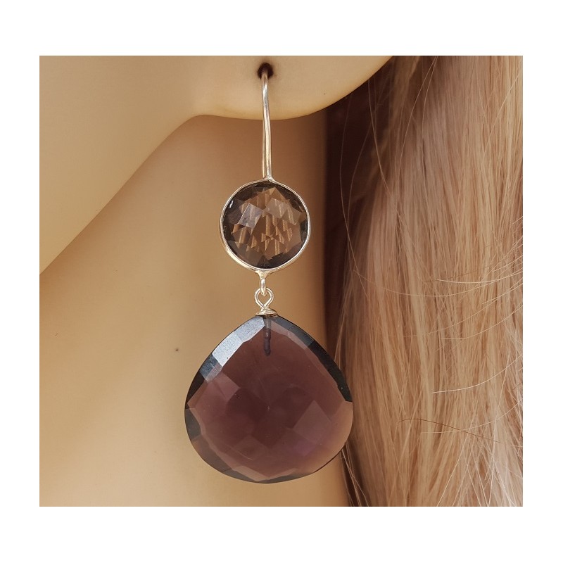Zilveren oorbellen met Smokey Topaas en Amethist quartz briolet