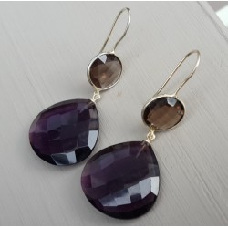 Zilveren oorbellen met Smokey Topaas en Amethist quartz briolet