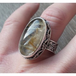 Zilveren ring ovale gouden Rutielkwarts bewerkte setting 17.3 mm