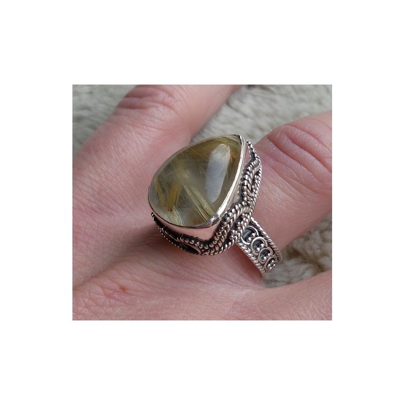 Zilveren ring gouden Rutielkwarts in bewerkte setting 17.3 mm
