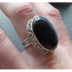 Zilveren ring zwarte Botswana Agaat in bewerkte setting 19 mm