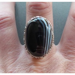 Zilveren ring zwarte Botswana Agaat in bewerkte setting 19 mm