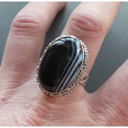 Zilveren ring zwarte Botswana Agaat in bewerkte setting 19 mm