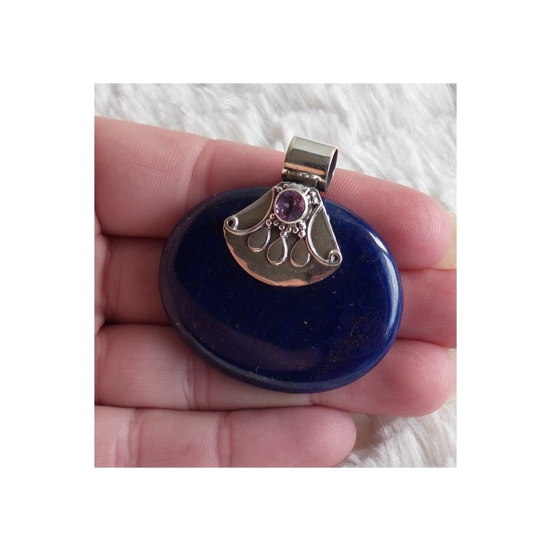 Zilveren hanger met grote ovale Lapis Lazuli gezet met Amethist