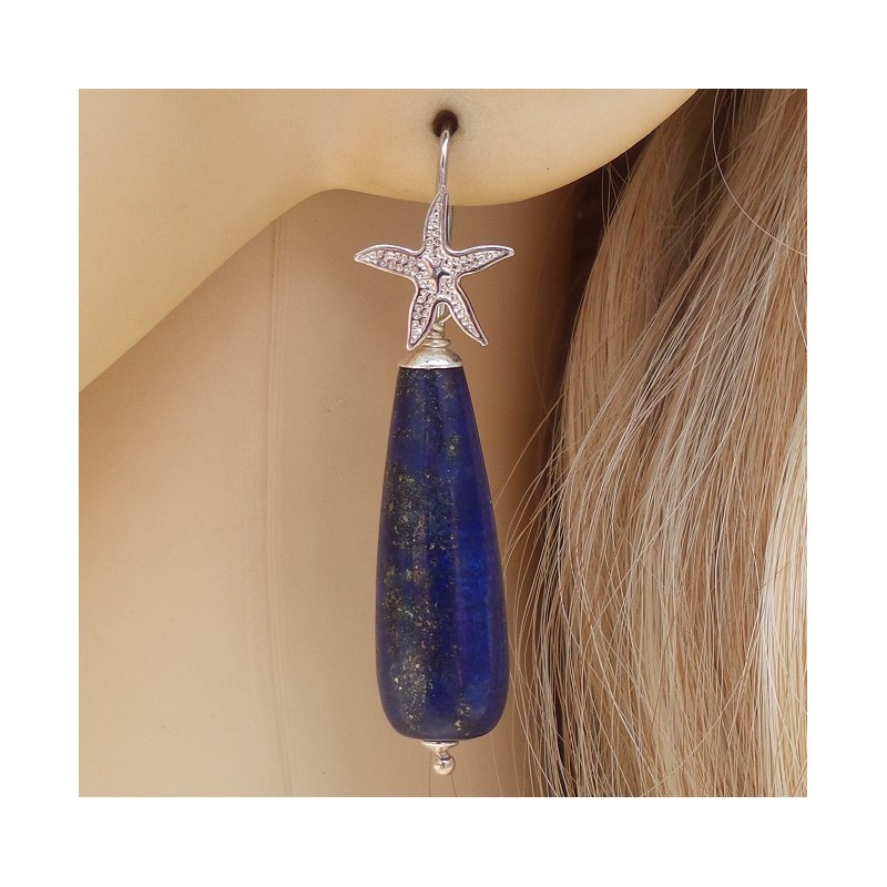 Zilveren oorbellen met smalle Lapis Lazuli briolet